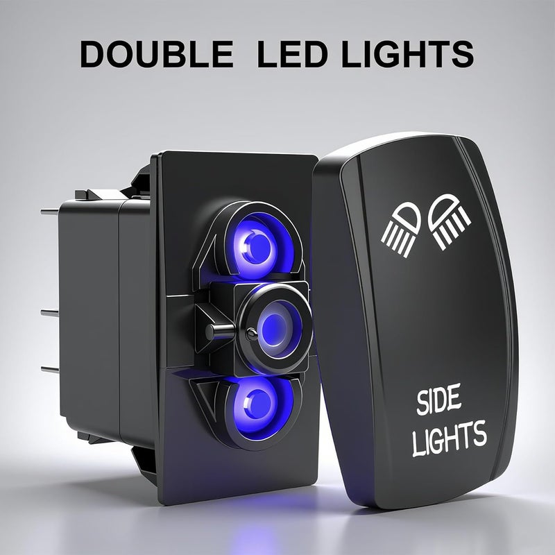 Weasch Side Lights Latching Rocker Switch, On/Off SPST 5Pin, 20A/12V 10A/24V, with Jumper Wires Set for Cars Jeeps Trucks RVs, Blue - Image 2